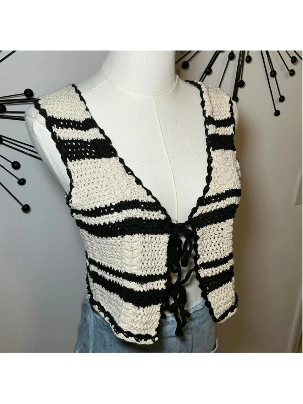 Cotton On Black White Crochet Tie Front Knit Vest XS Boho Festival
